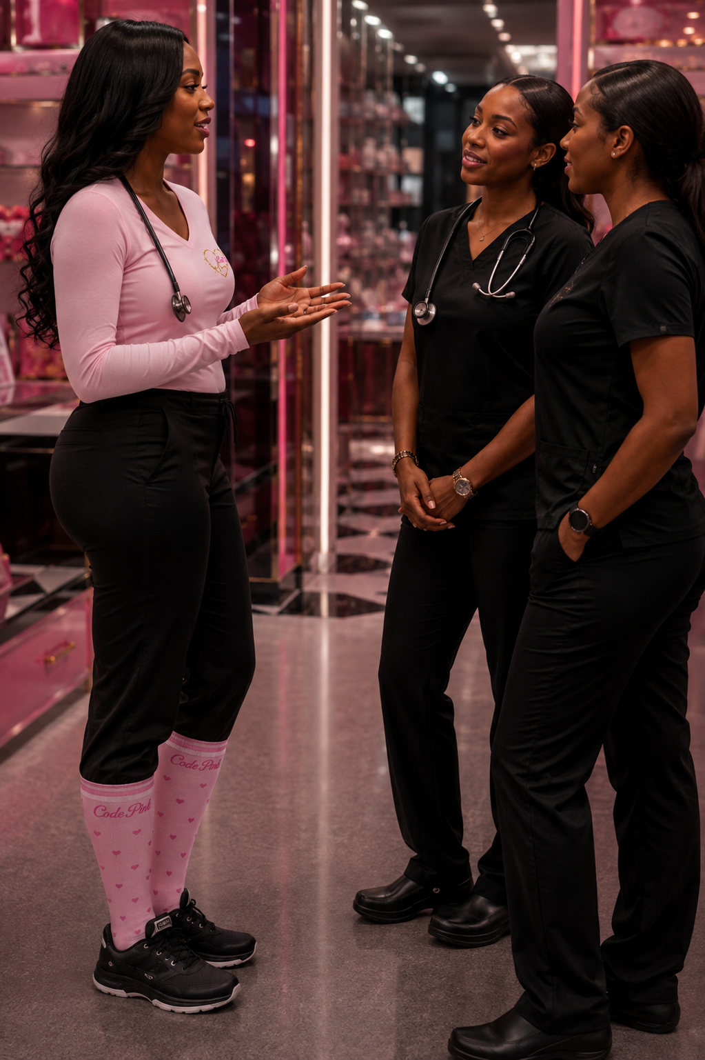 Founder in the long-sleeve Code Pink top and compression socks showing her outfit to two nurses