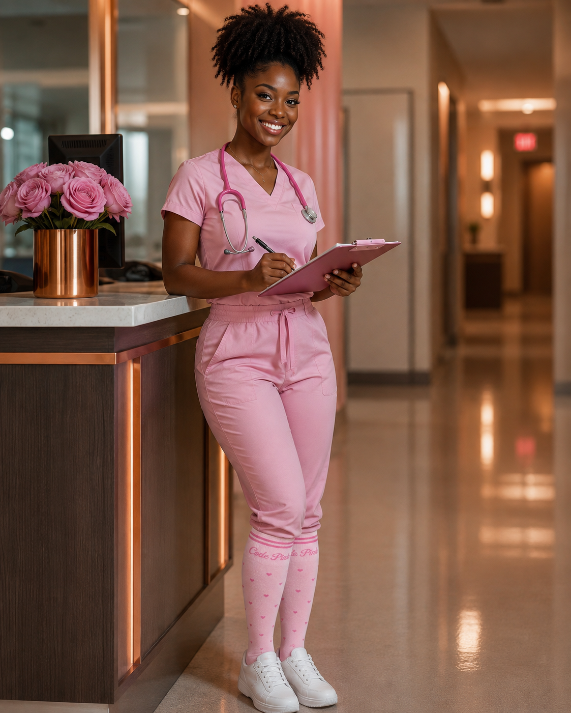 Beautiful Black nurse at the nurses station wearing Code Pink compression socks