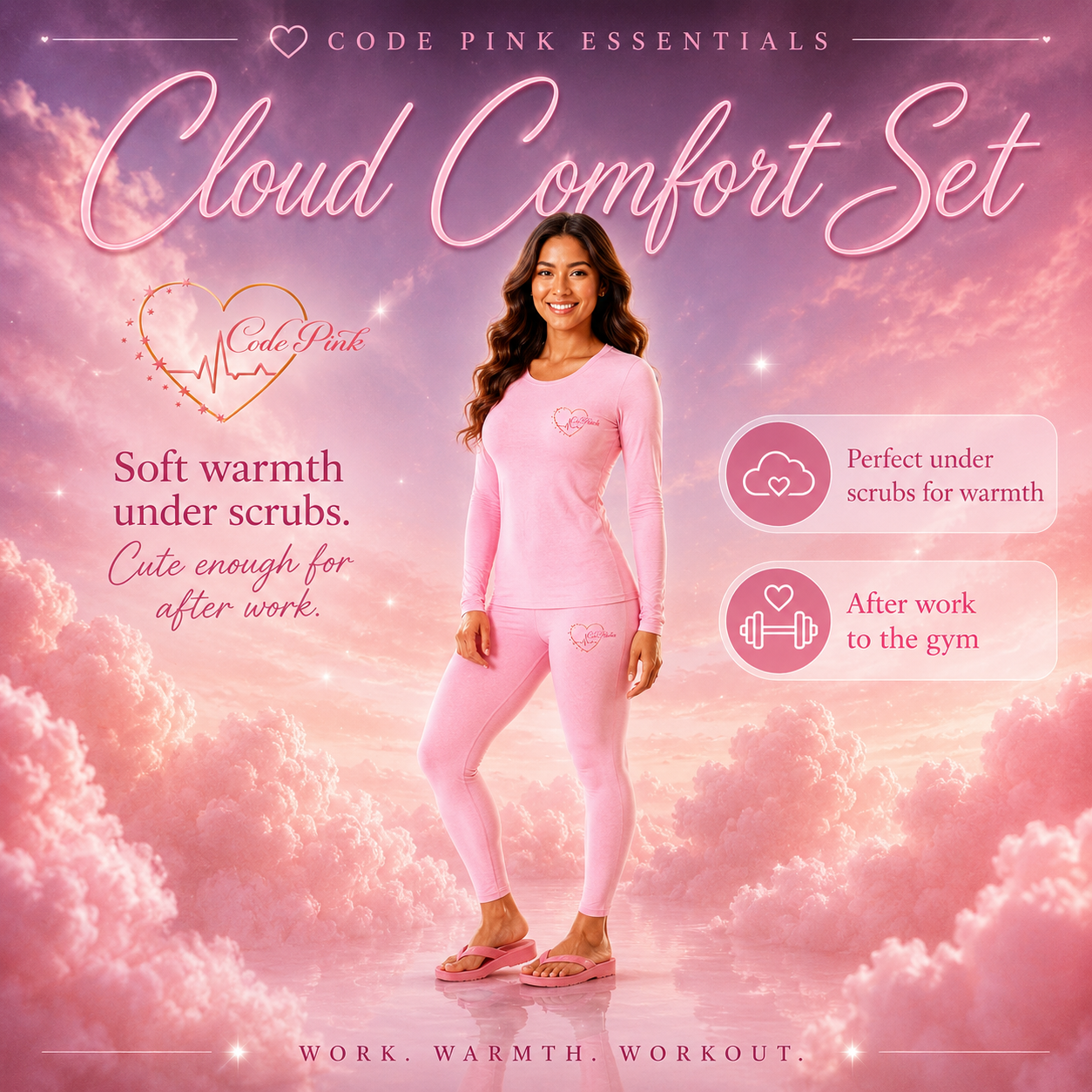 Code Pink Cloud Comfort Set — soft warmth under scrubs, cute enough for after work