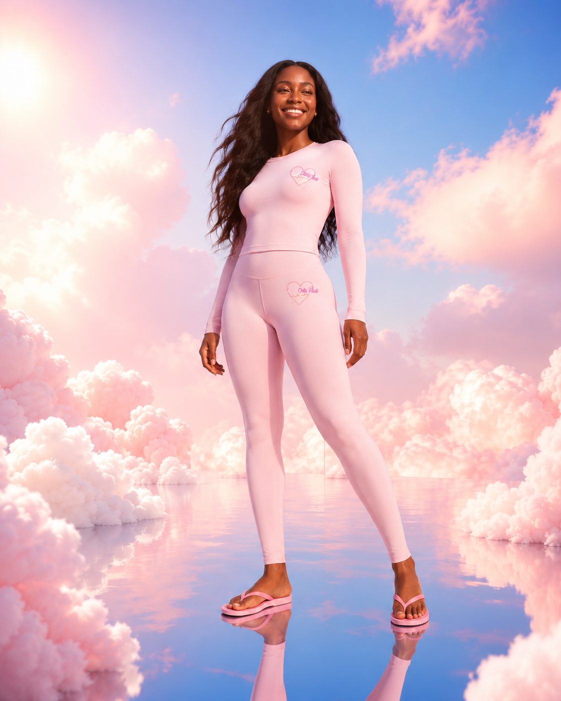 Model in the pink Code Pink Comfort Set standing among soft pink clouds