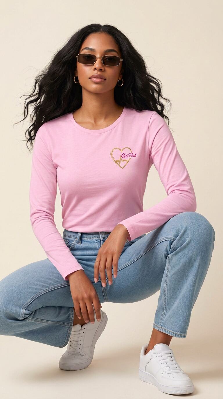 Model wearing the long-sleeve Code Pink stretch top