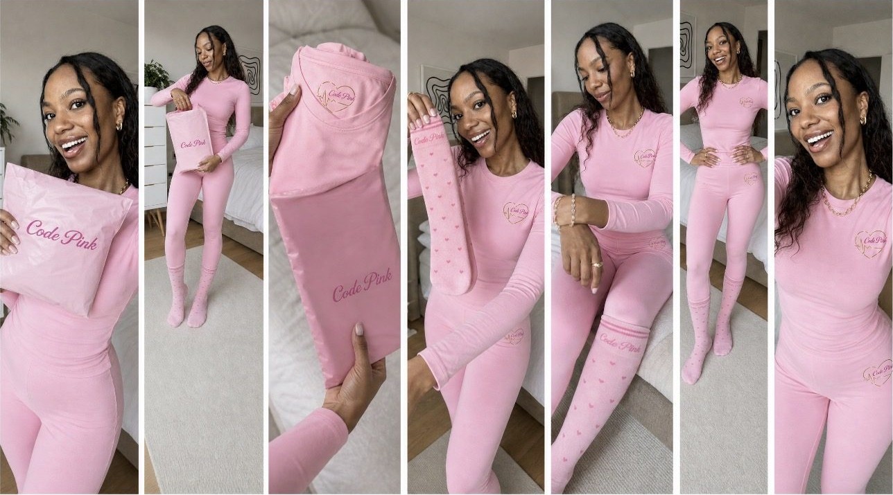 Founder wearing the Code Pink Comfort Cloud Set with heart-pattern compression socks and pink Code Pink packaging