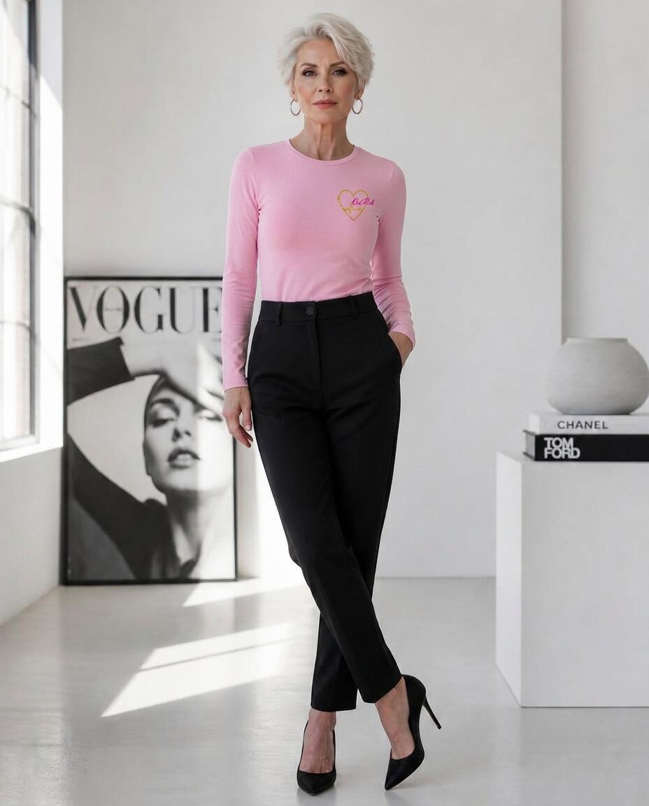 Silver-haired woman wearing the Code Pink stretch top with tailored trousers