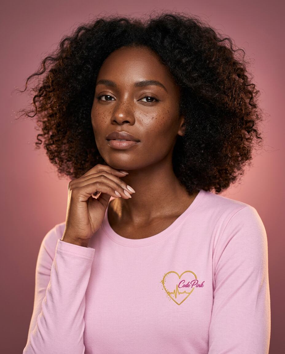 Beautiful dark-skinned model with natural curly hair wearing the Code Pink stretch top
