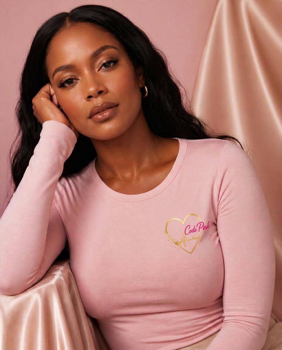 Model wearing the long-sleeve Code Pink Stretch Top